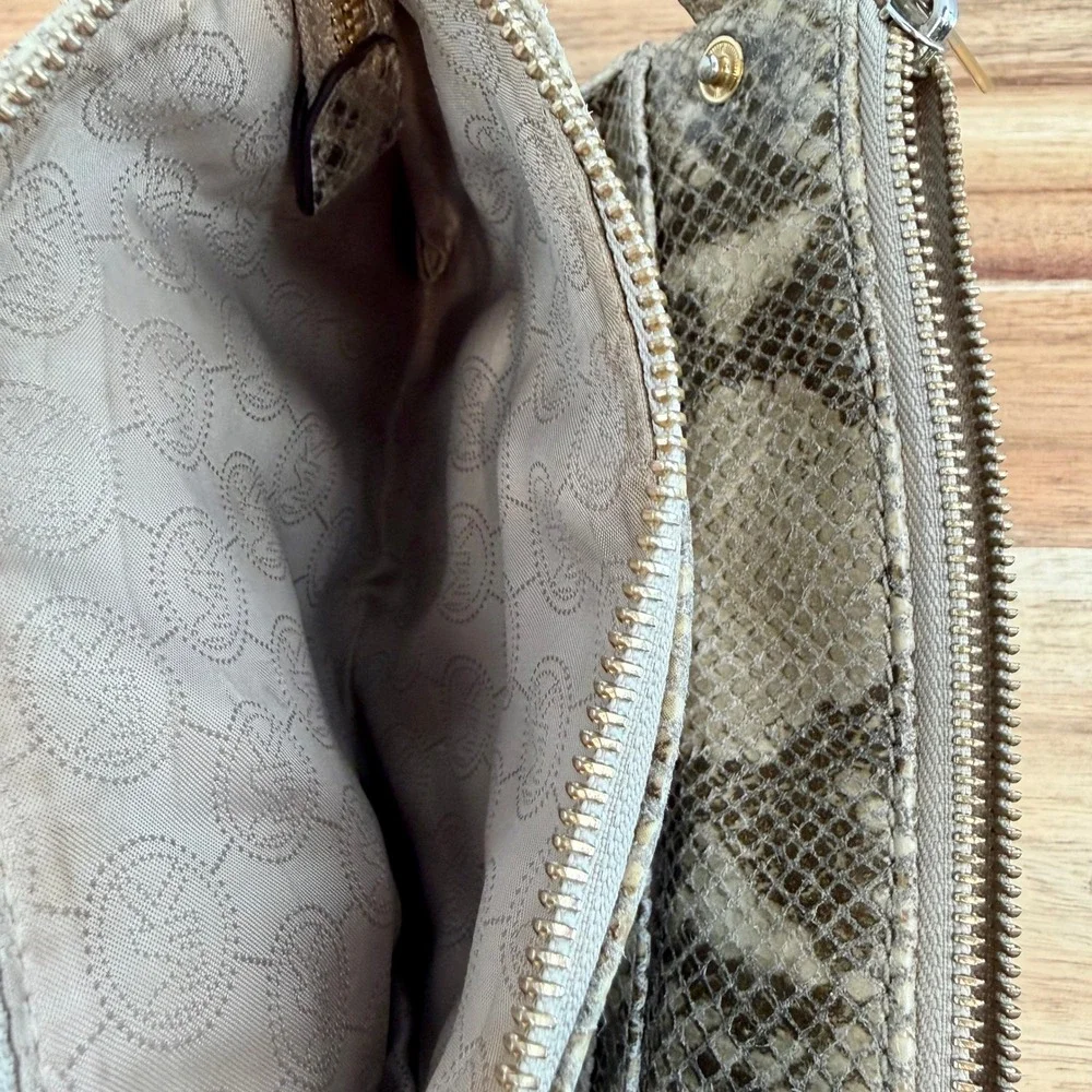 Michael Kors Snakeskin Embossed Leather Crossbody Bag Gold MK Logo Beige Tan